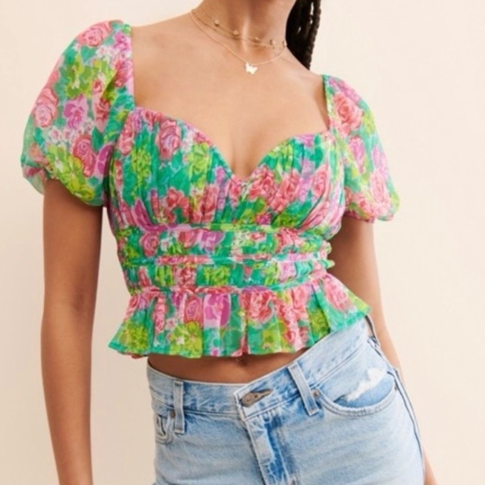 Astr The Label Leigh Floral Puff Sleeve Crop Top Sweetheart Coquette Smocked S